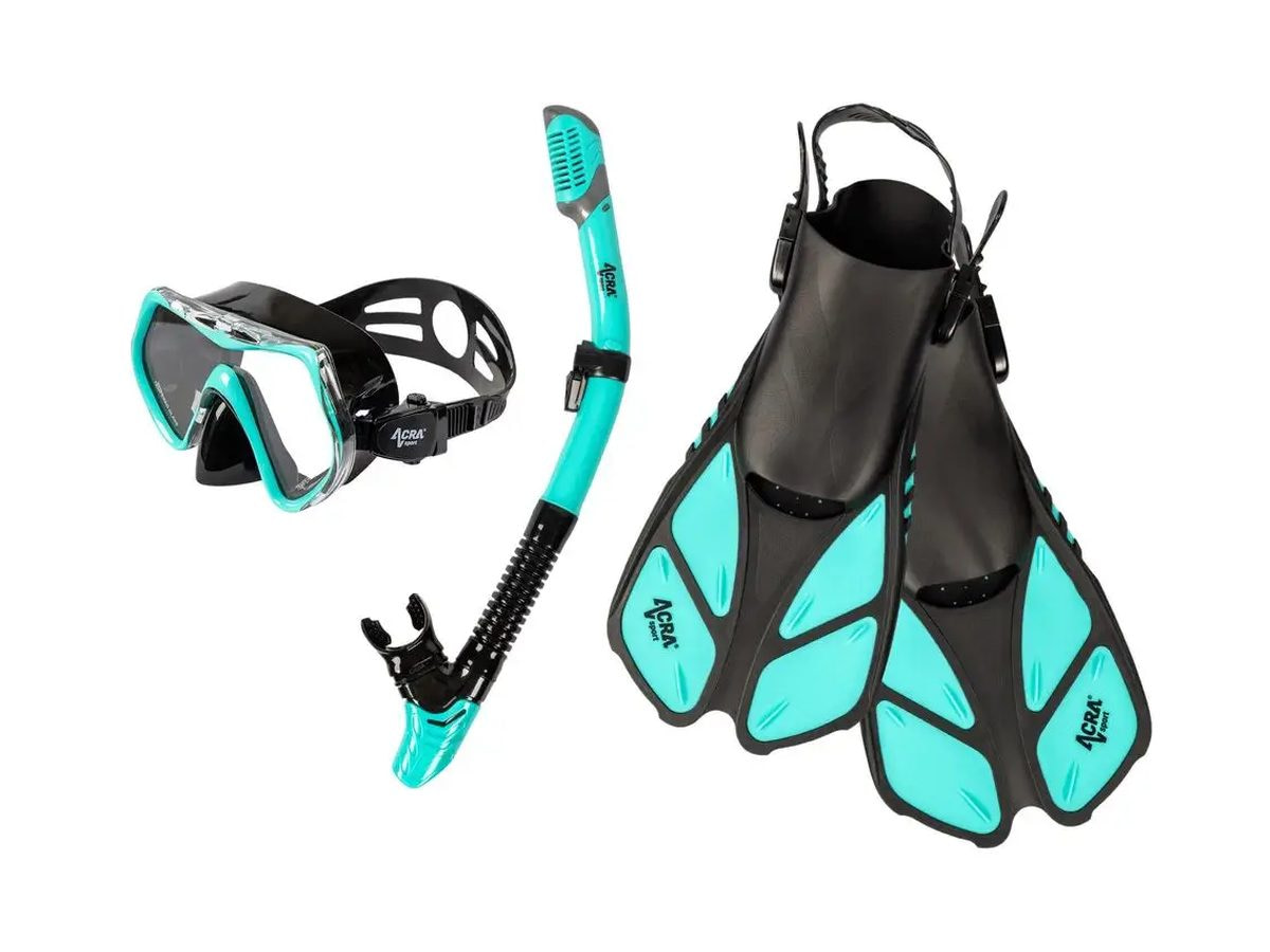 Snorkel set L/XL with turquoise mask, dry-top snorkel and fins, rental extra at Photoshore boat rental Pag